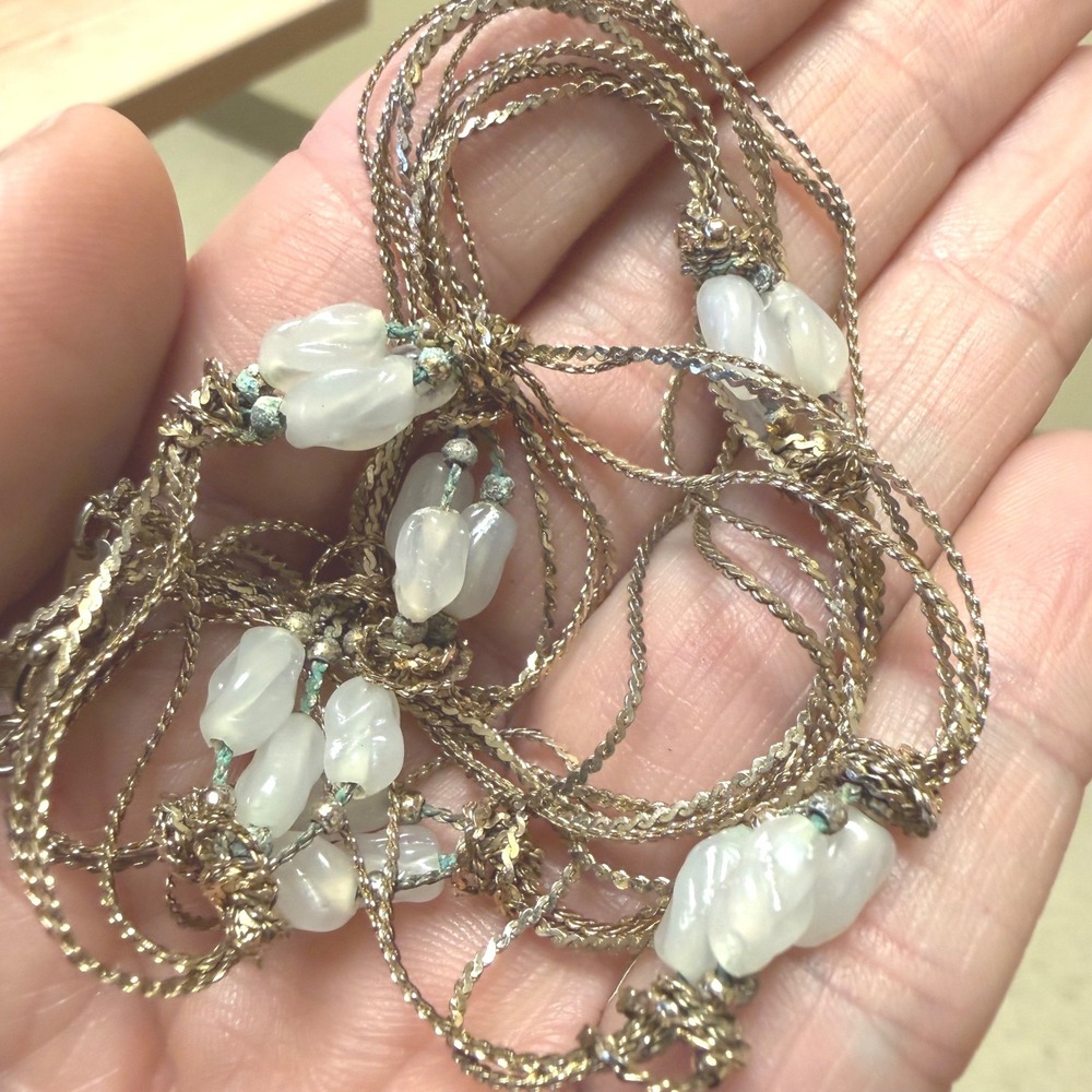 Vintage Gold Tone Multi Strand Necklace White Carved Glass Beads 27 Inch Boho